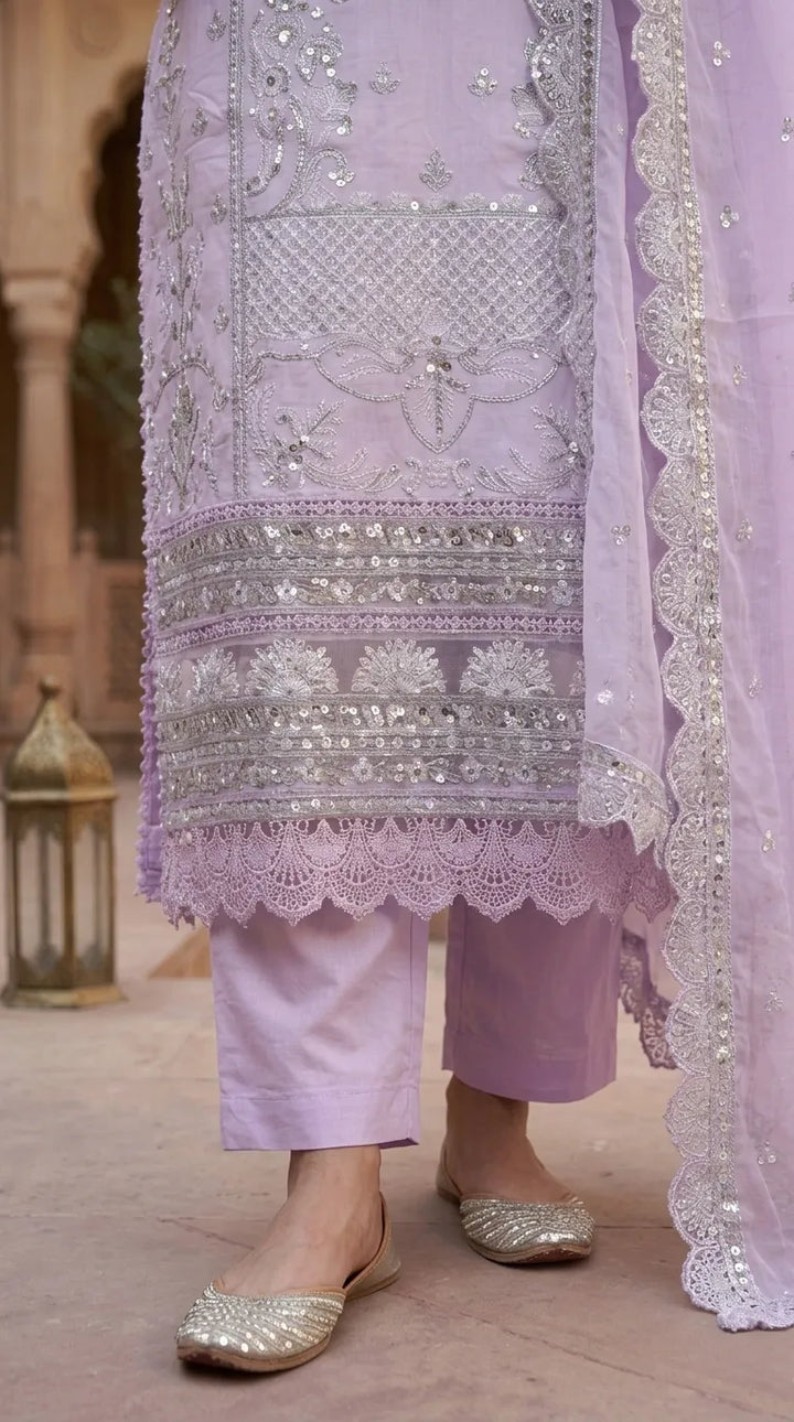 3 PC Embellished Katan Silk Stitched Suit PF619643