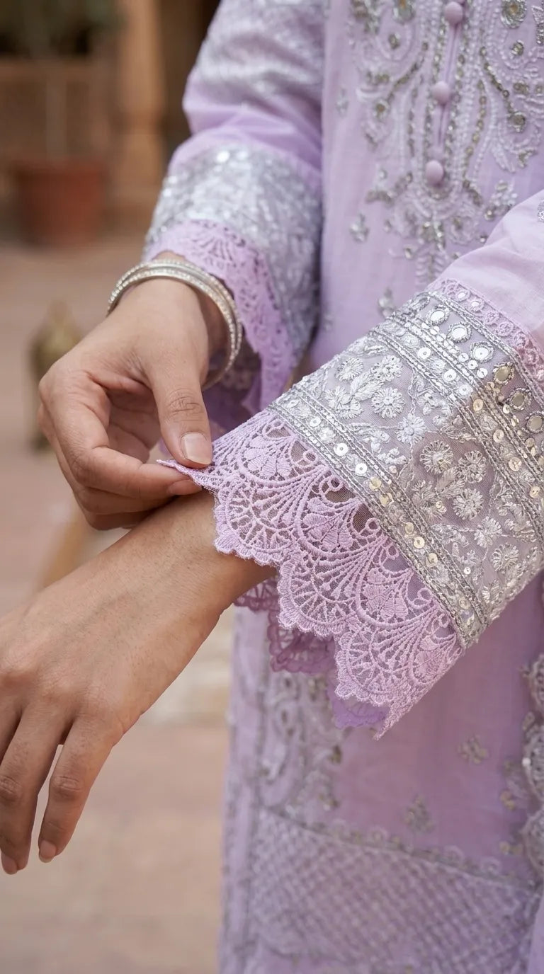 3 PC Embellished Katan Silk Stitched Suit PF619643