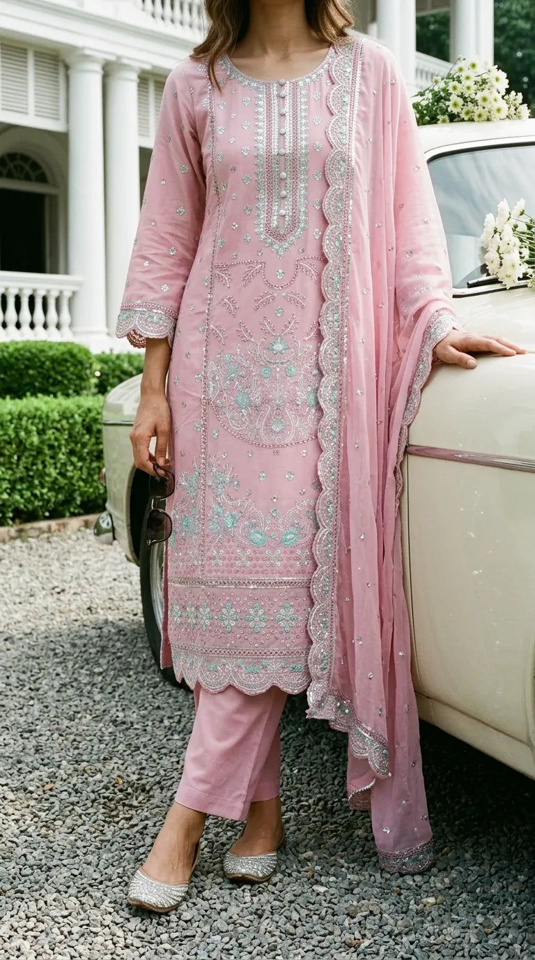 3 PC Embellished Katan Silk Stitched Suit PF619724