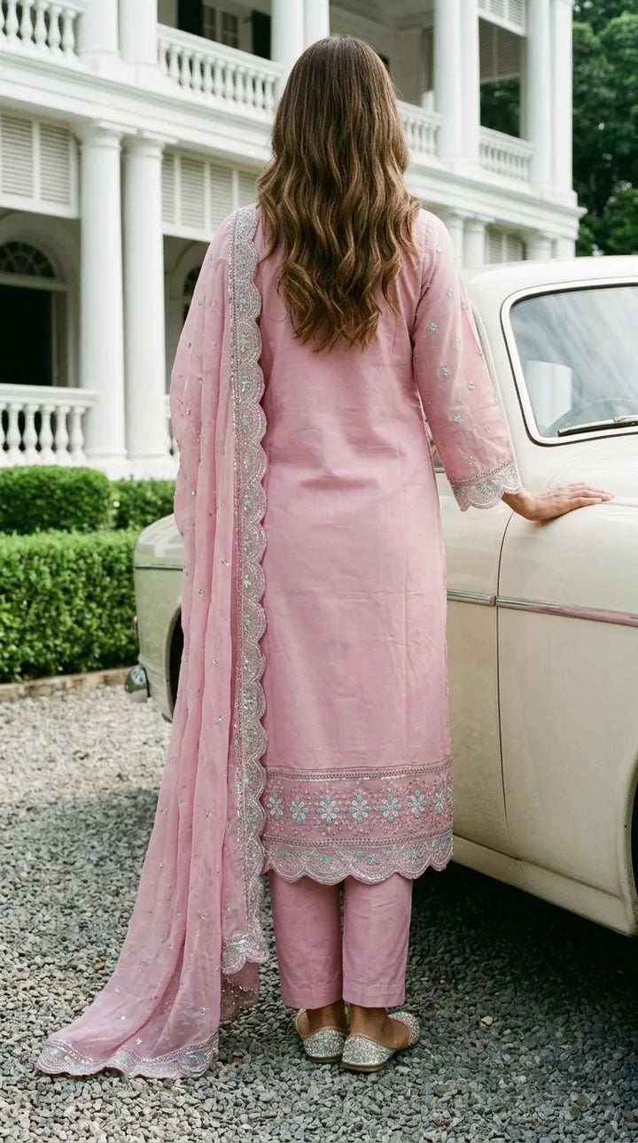 3 PC Embellished Katan Silk Stitched Suit PF619724