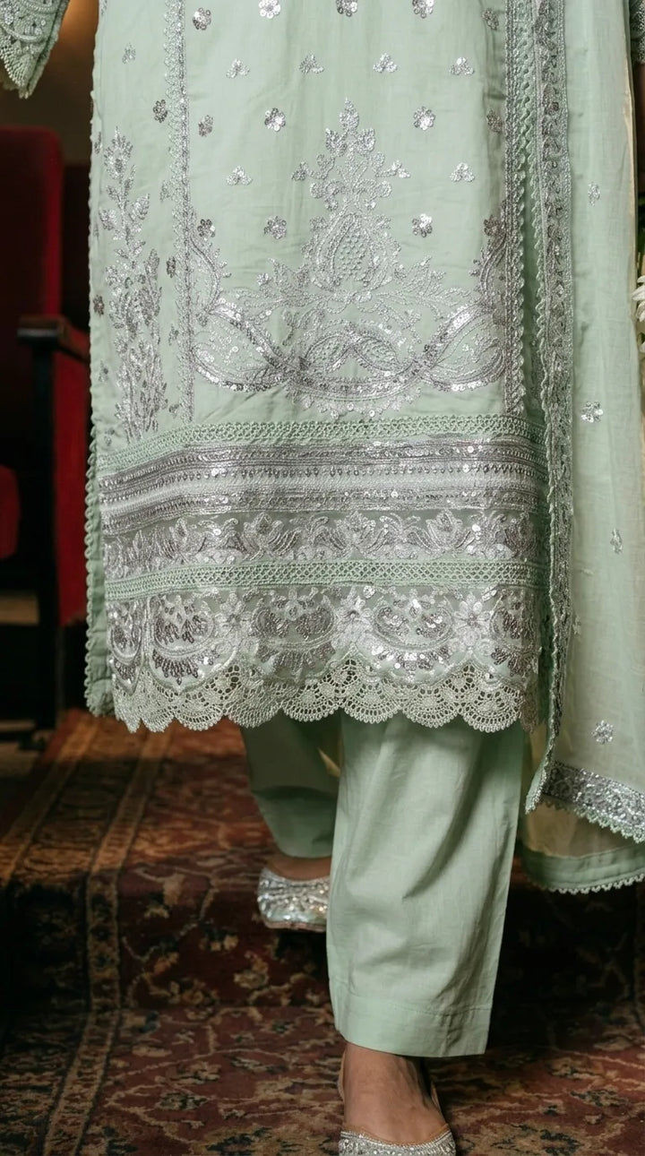 3 PC Embellished Katan Silk Stitched Suit PF619811