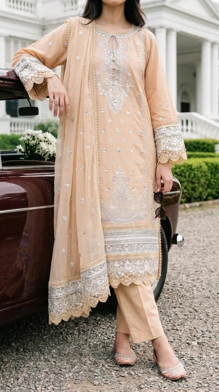 3 PC Embellished Katan Silk Stitched Suit PF619862
