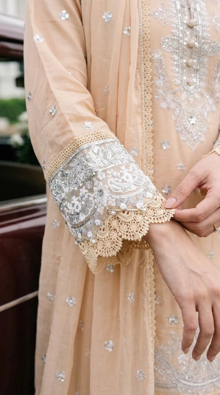 3 PC Embellished Katan Silk Stitched Suit PF619862