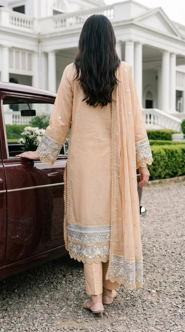 3 PC Embellished Katan Silk Stitched Suit PF619862