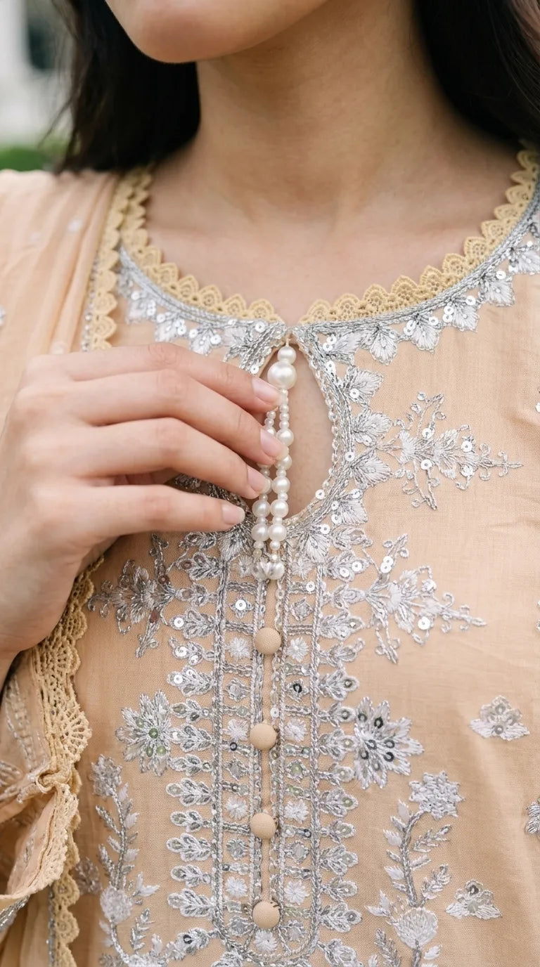 3 PC Embellished Katan Silk Stitched Suit PF619862