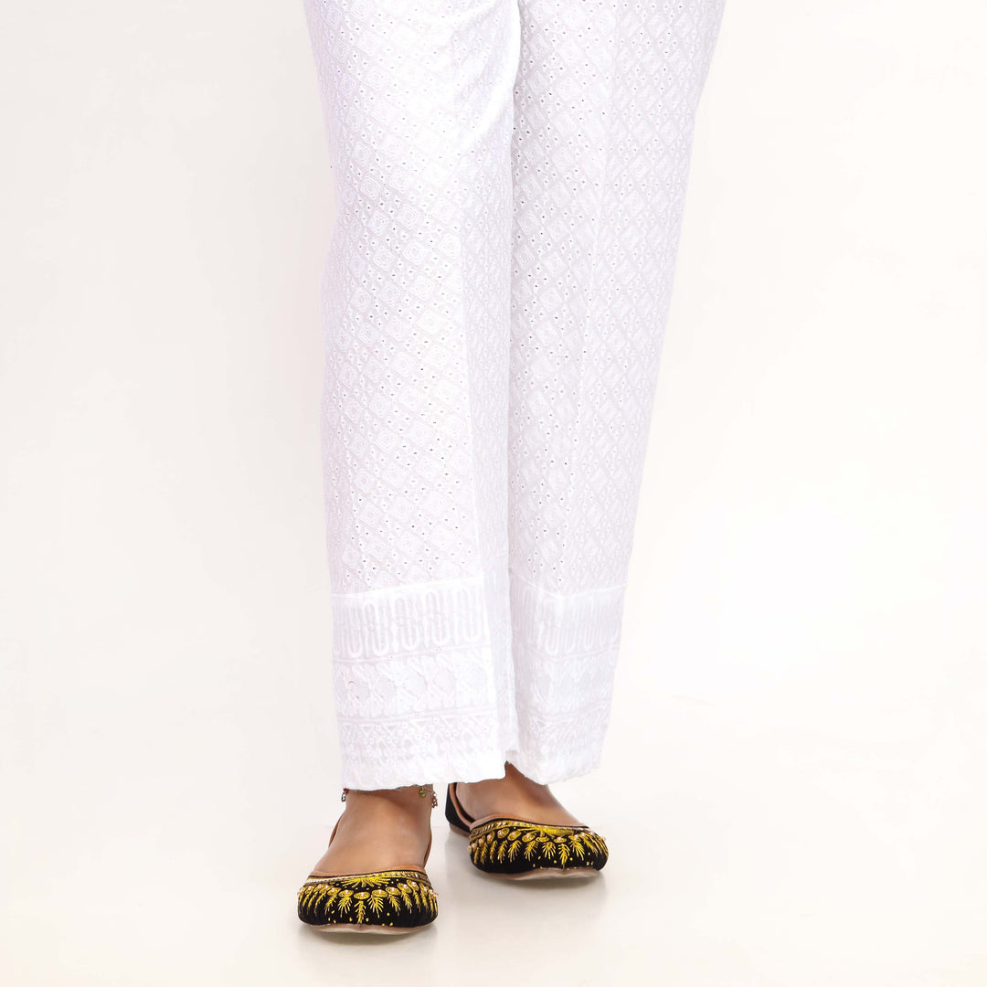 White Striaght Fit Chikan Embellsihed Trouser PL4052