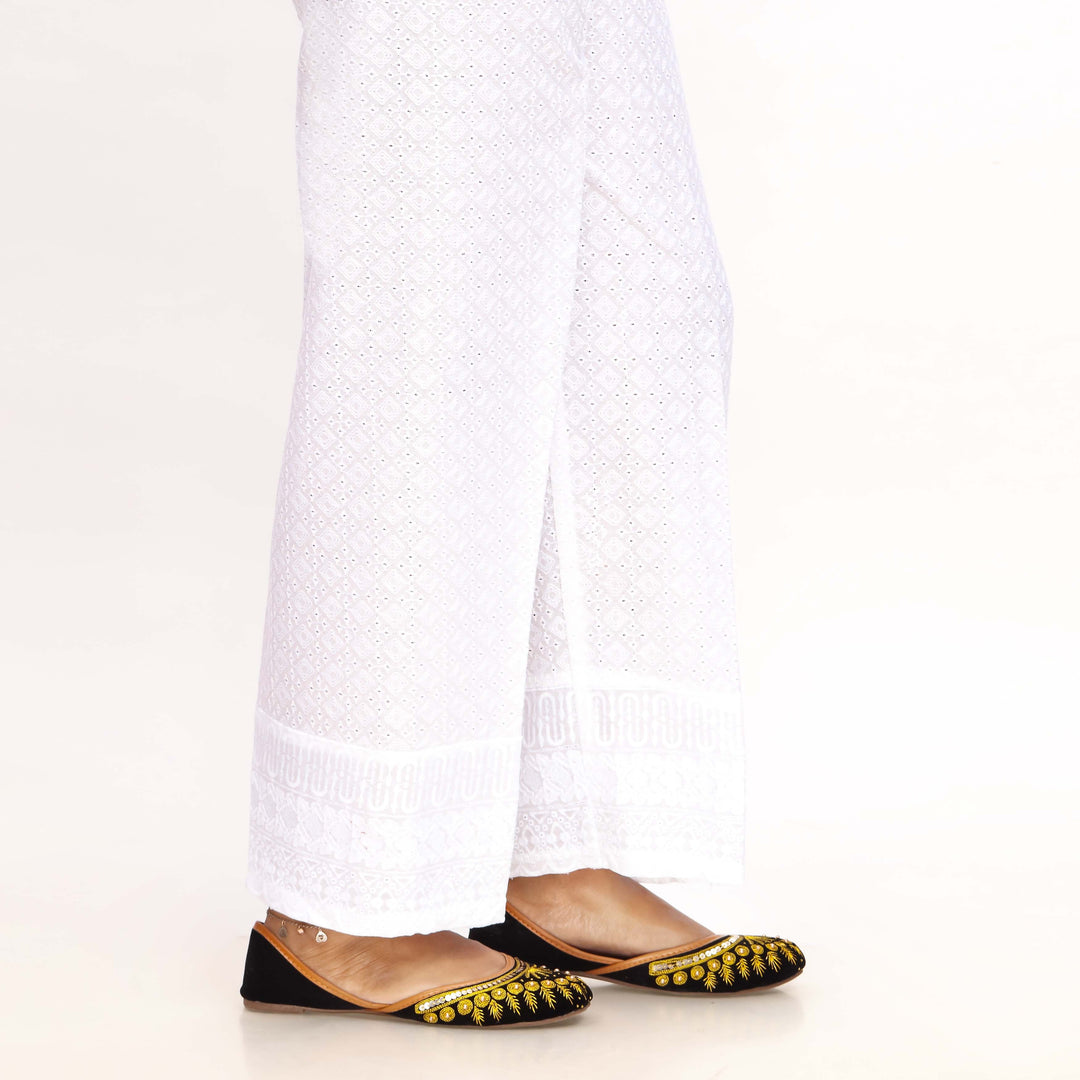 White Striaght Fit Chikan Embellsihed Trouser PL4052