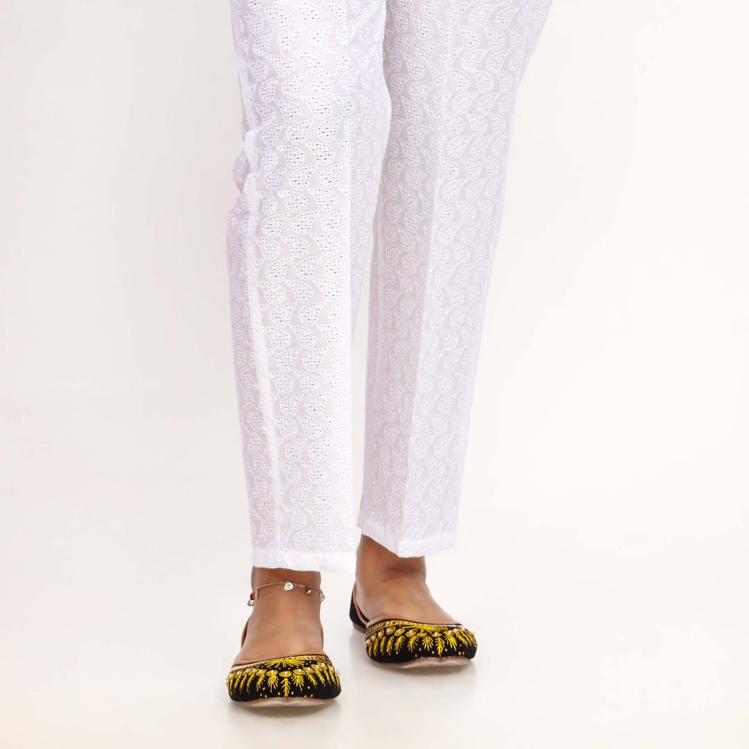 White Striaght Fit Chikan Embellsihed Trouser PL4054