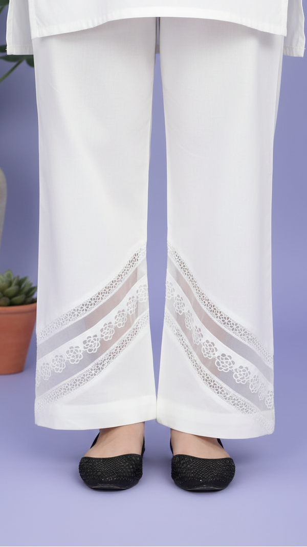 White Striaght Fit Embellished Cambric Trouser PL4085
