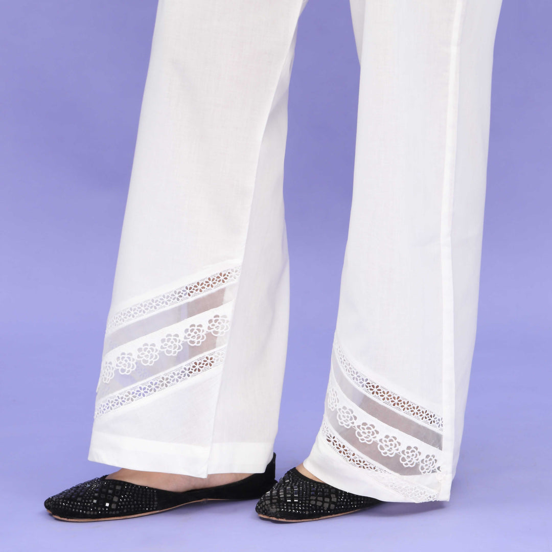 White Striaght Fit Embellished Cambric Trouser PL4085