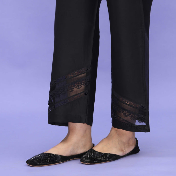 Black Striaght Fit Embellished Cambric Trouser PL4086