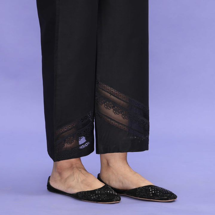 Black Striaght Fit Embellished Cambric Trouser PL4086