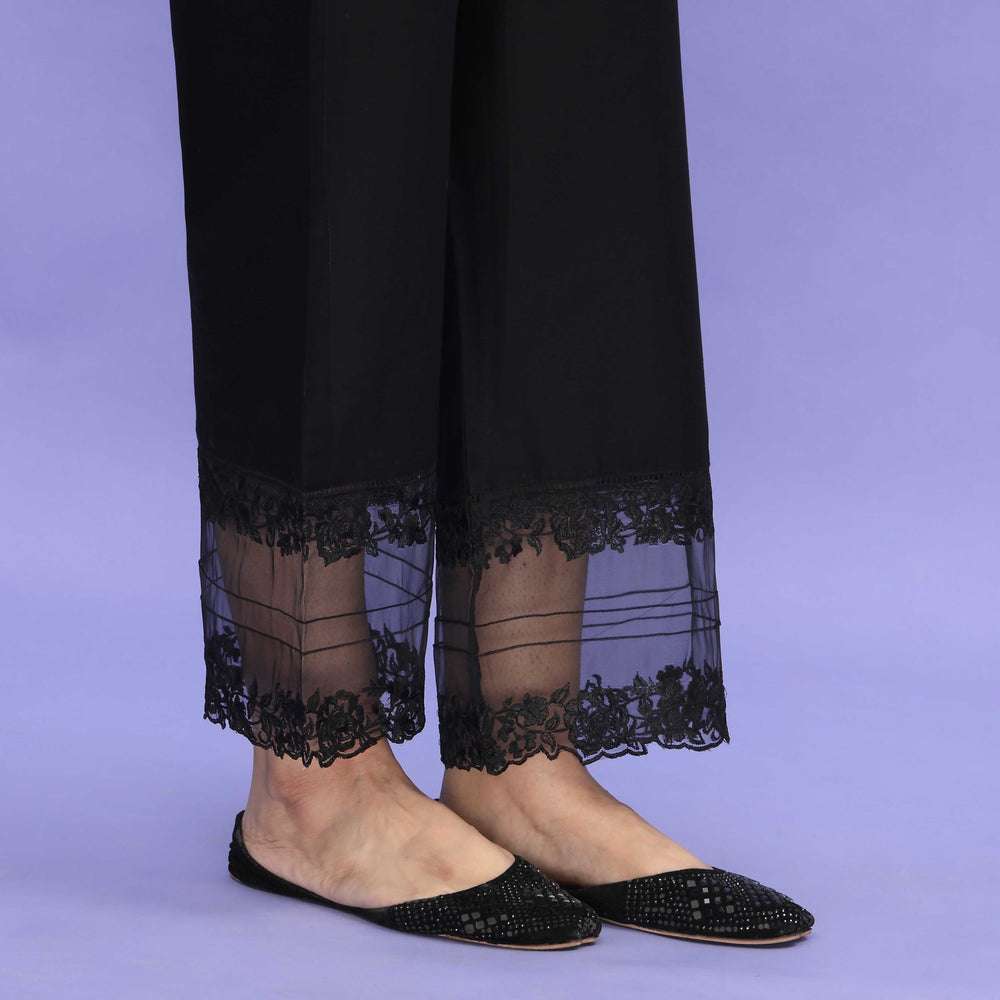 Black Striaght Fit Embellished Cambric Trouser PL4088