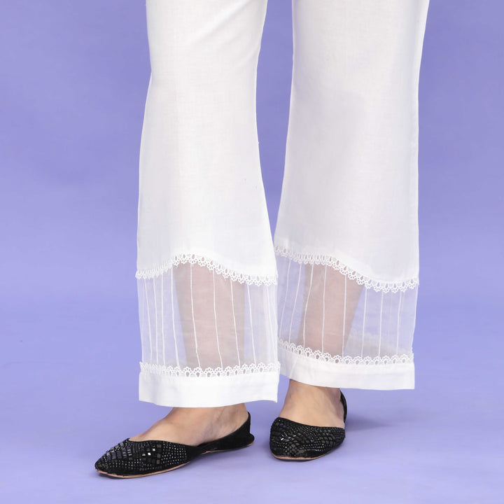 White Striaght Fit Embellished Cambric Trouser PL4089