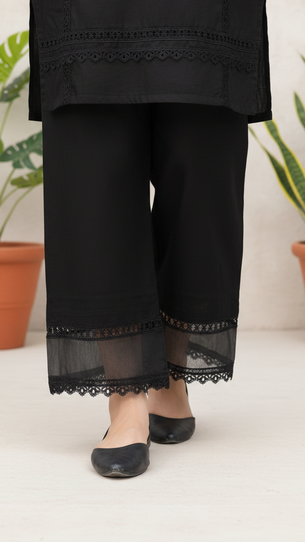 Black Striaght Fit Embellished Cambric Trouser PL4098