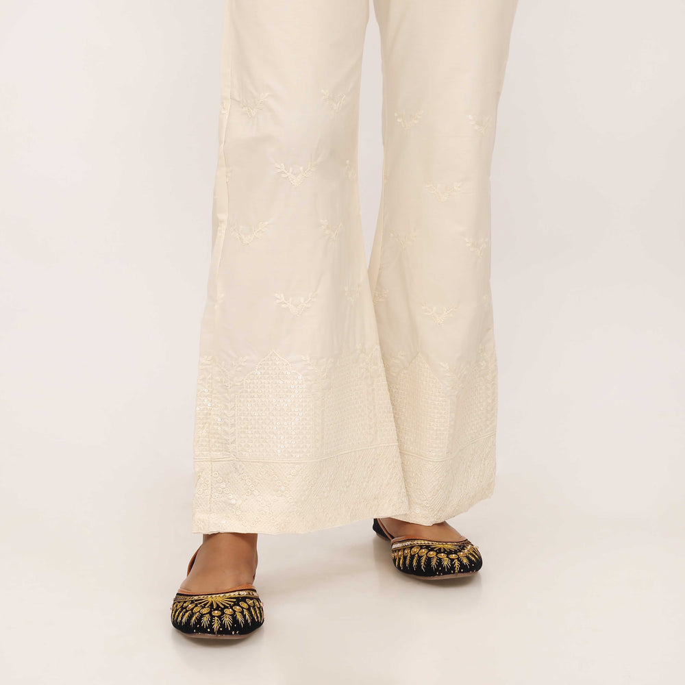 Cream Cotton Cambric Trouser with Embroidery PL5088