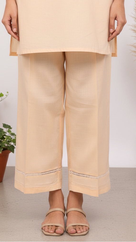 Beige Raw Silk Straight Leg Trouser PL5124