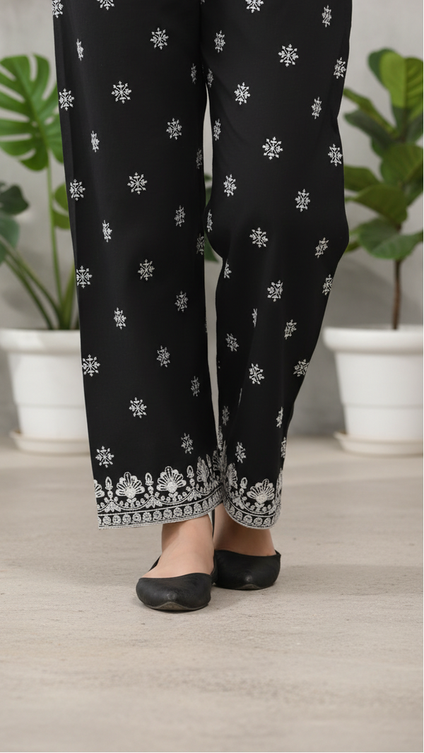 Black Cotton Cambric Embroidered Trouser