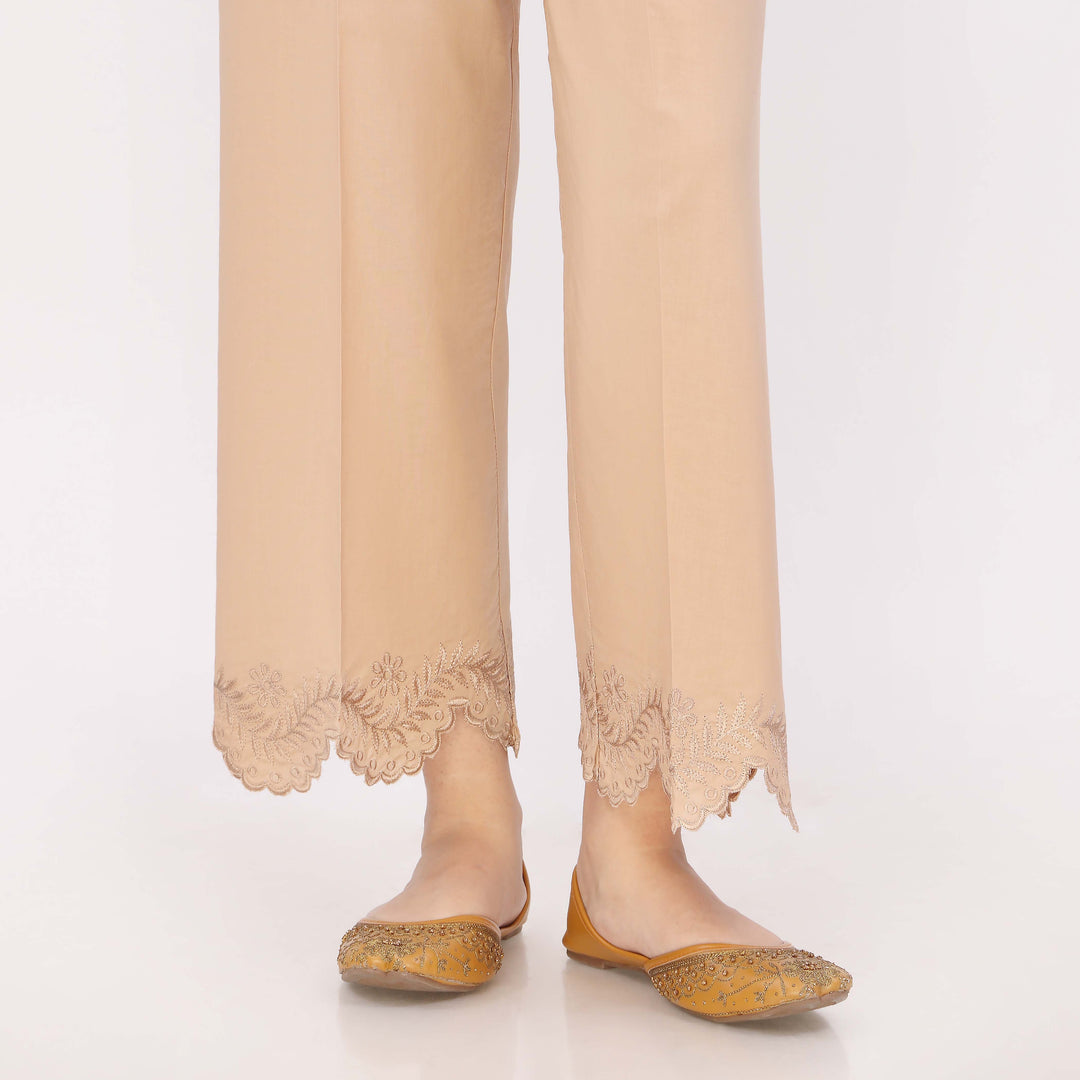 Beige Cotton Cambric Embroidered Trouser