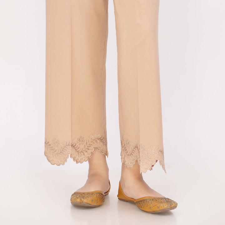 Beige Cotton Cambric Embroidered Trouser