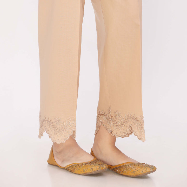 Beige Cotton Cambric Embroidered Trouser