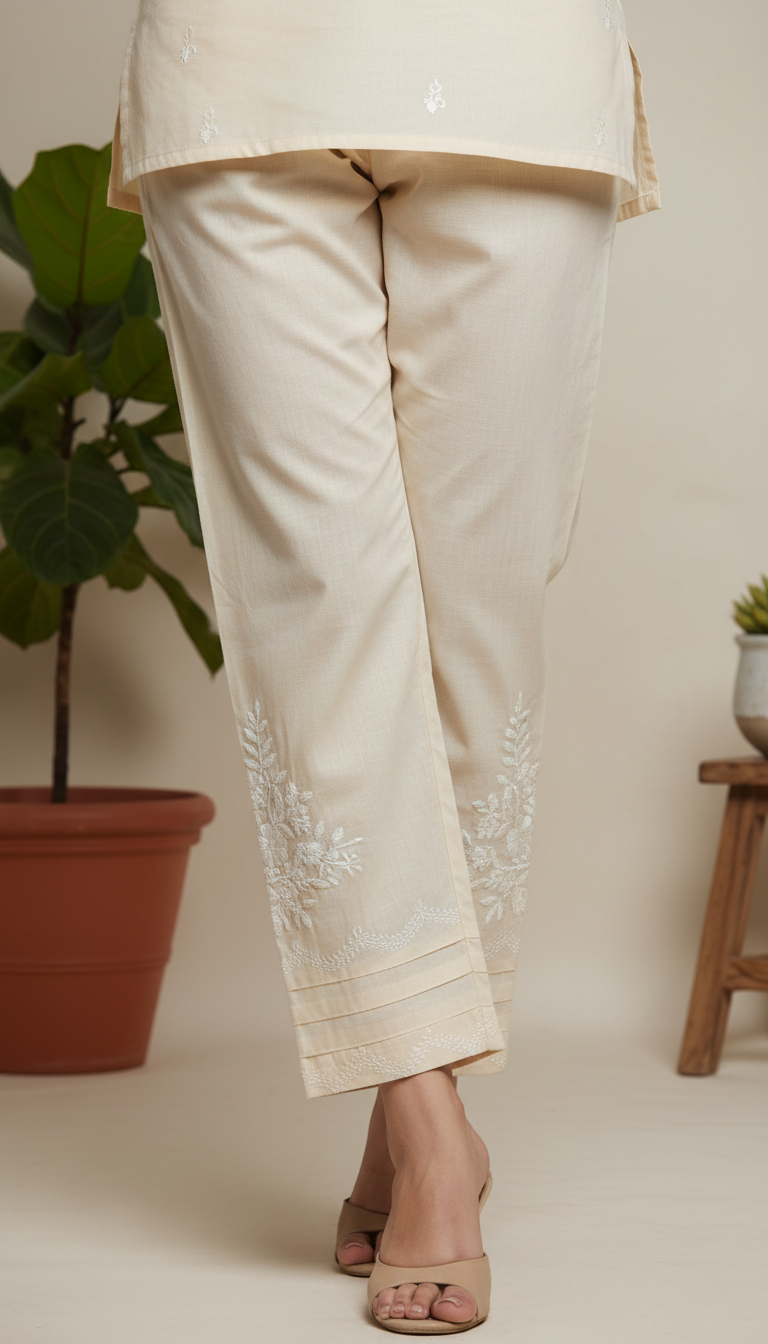 Beige Embellished Cambric Trouser PL6002
