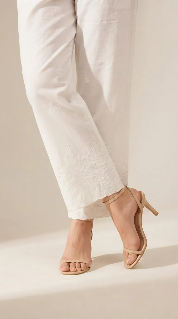 White Embroidered Cambric Trouser PL606509