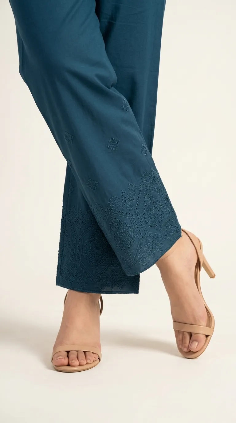 Teal Blue Embellished Cambric Trouser PL606696