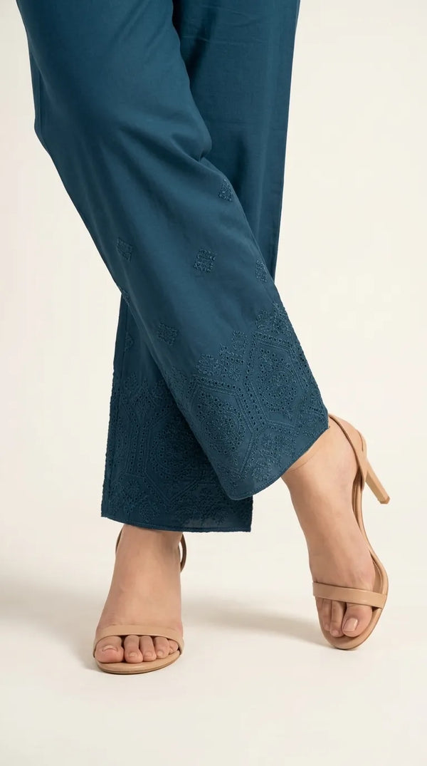 Teal Blue Embellished Cambric Trouser PL606696