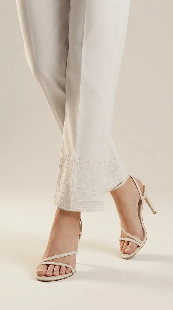 White Embroided Cambric Trouser PL606809