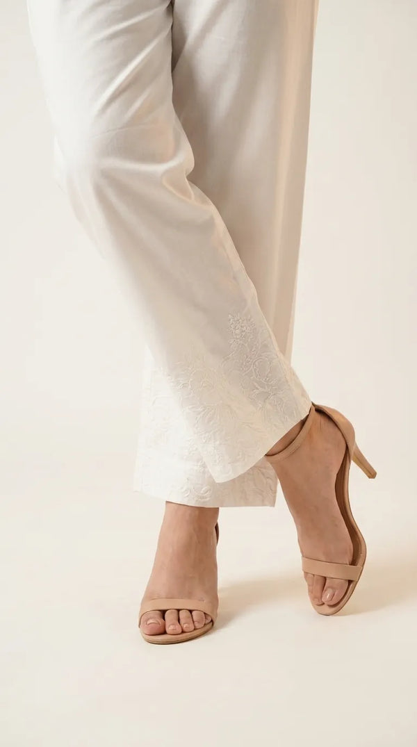 White Embellished Cambric Trouser PL606909