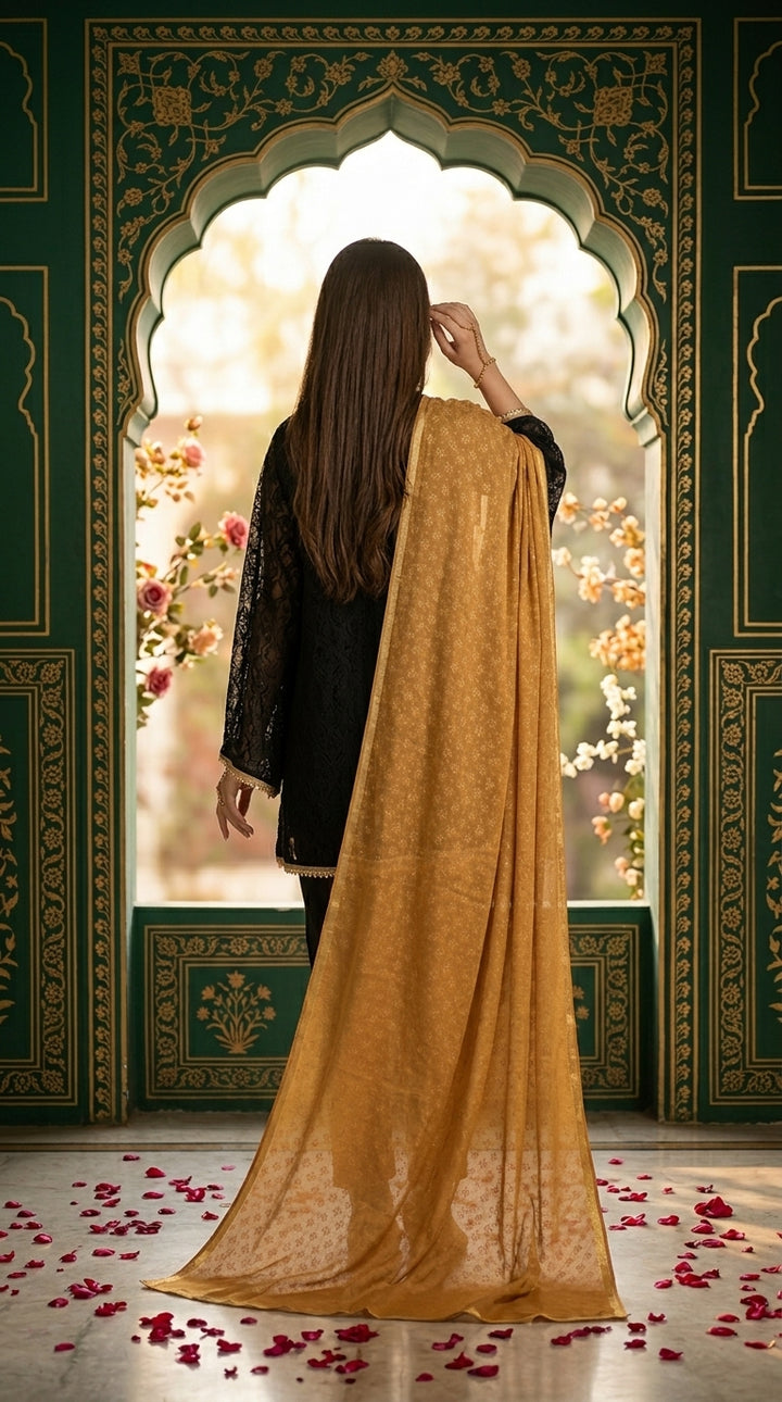Mustard Screen Printed Chiffon Dupatta PS2703