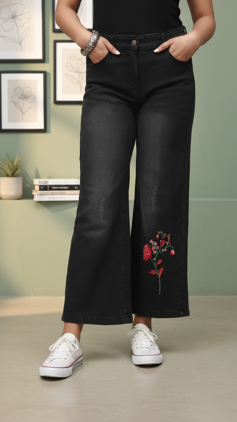 Black Embroidered Flapper Denim Pant PS4527