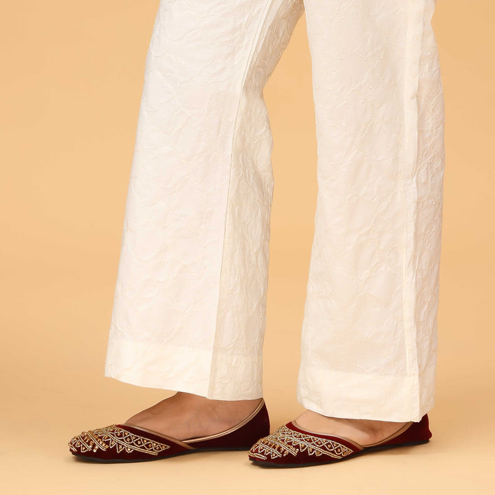 Cream Bell Bottom Embellished Cambric Trouser PS4555