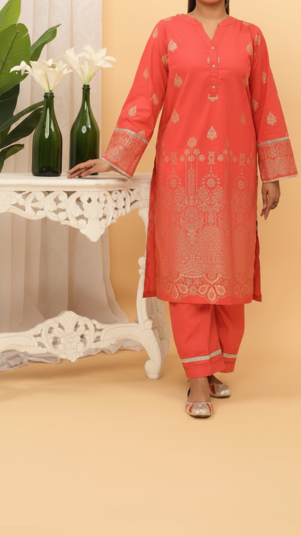 2PC- Golden Glitter Printed Cambric Suit PS5095