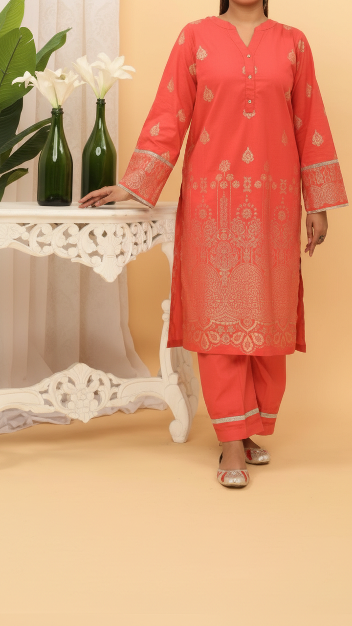 2PC- Golden Glitter Printed Cambric Suit PS5095