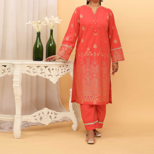 2PC- Golden Glitter Printed Cambric Suit PS5095