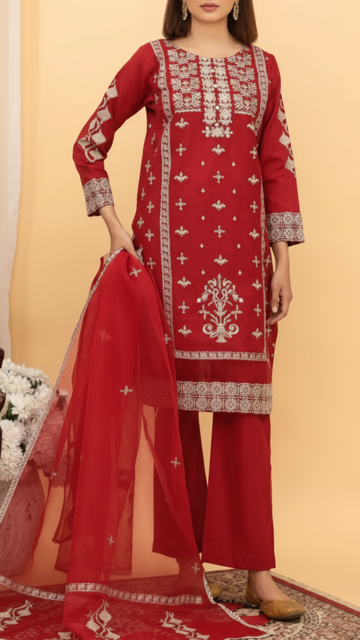 3PC- Embroidered Cambric Suit PS5138