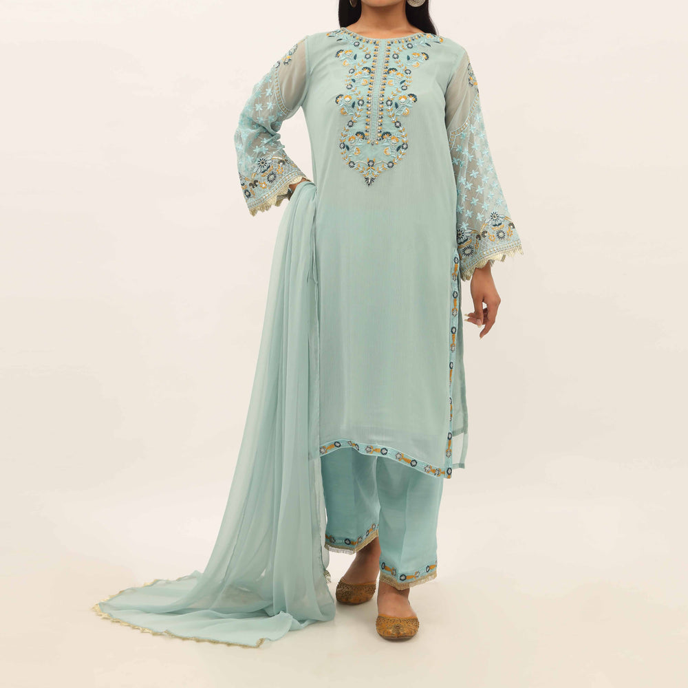 3PC- Embroiderd Crinkle Chiffon Suit PS5193