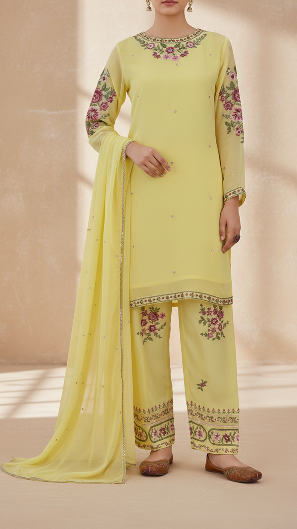 AMARILLA<br>3 PC Embroidered Chiffon Suit PS5313