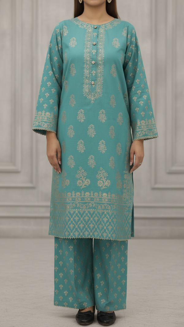 2PC- Gold Printed Cotton Cambric Suit PS5356
