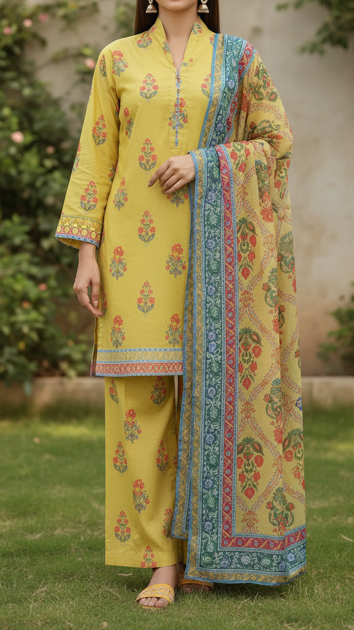 3PC- Digital Printed Cotton Cambric Suit PS5431