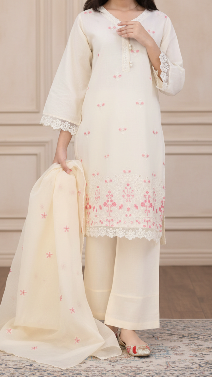 3PC- Embroiderd Cotton Cambric Suit PS5500