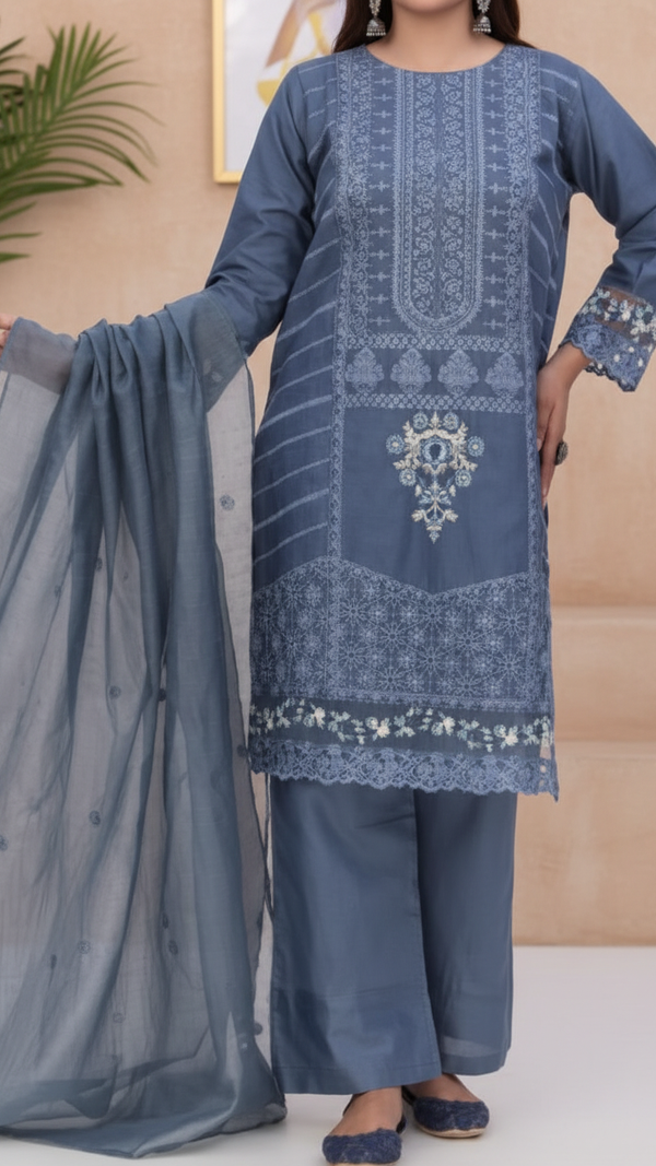 3PC- Cotton Cambric Embroiderd Suit PS5508