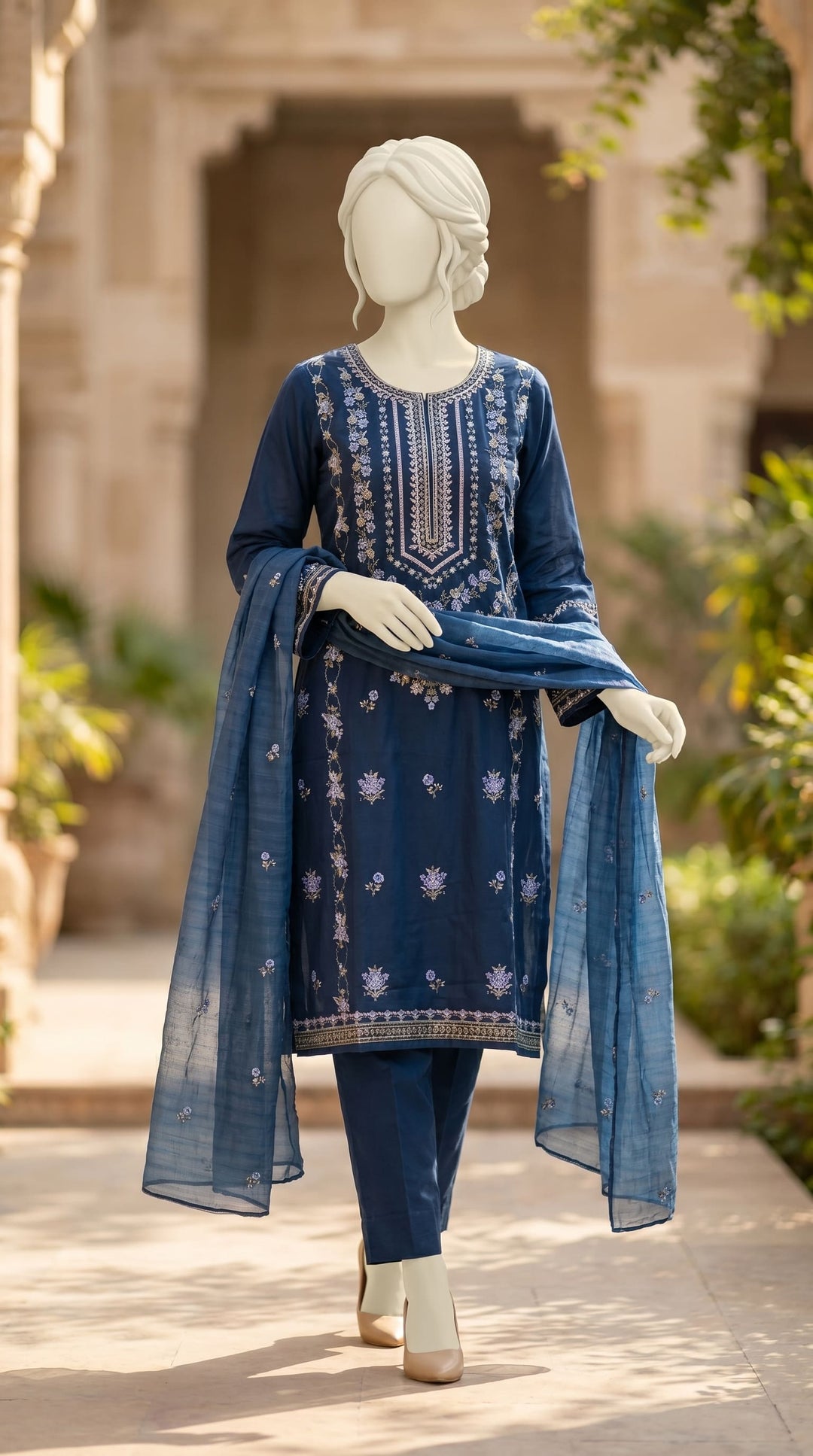 3 PC Embellished Cambric Suit PS600148