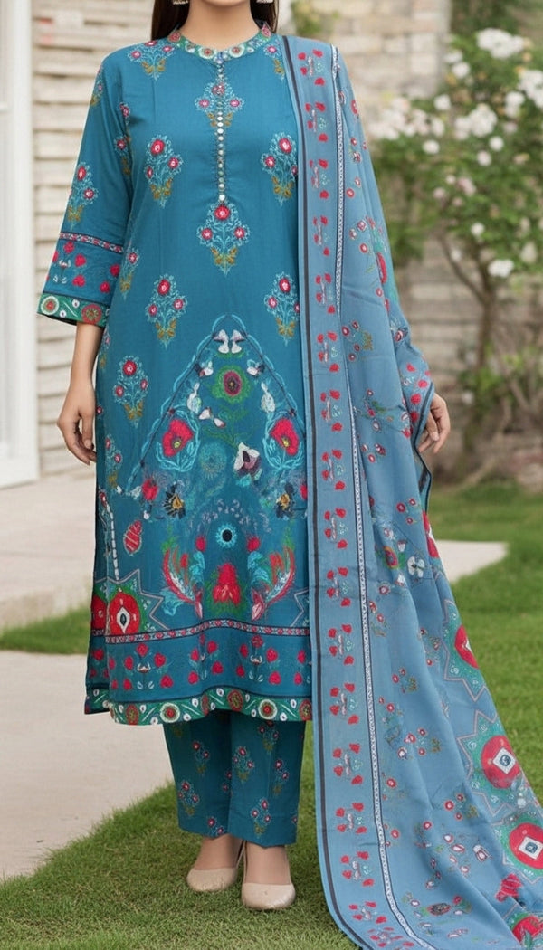 3 PC Digital Printed Cotton Cambric Suit PS6026