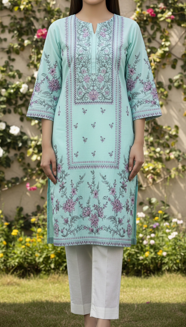 Green Digital Printed Embroidereded Cotton Cambric Shirt PS6044