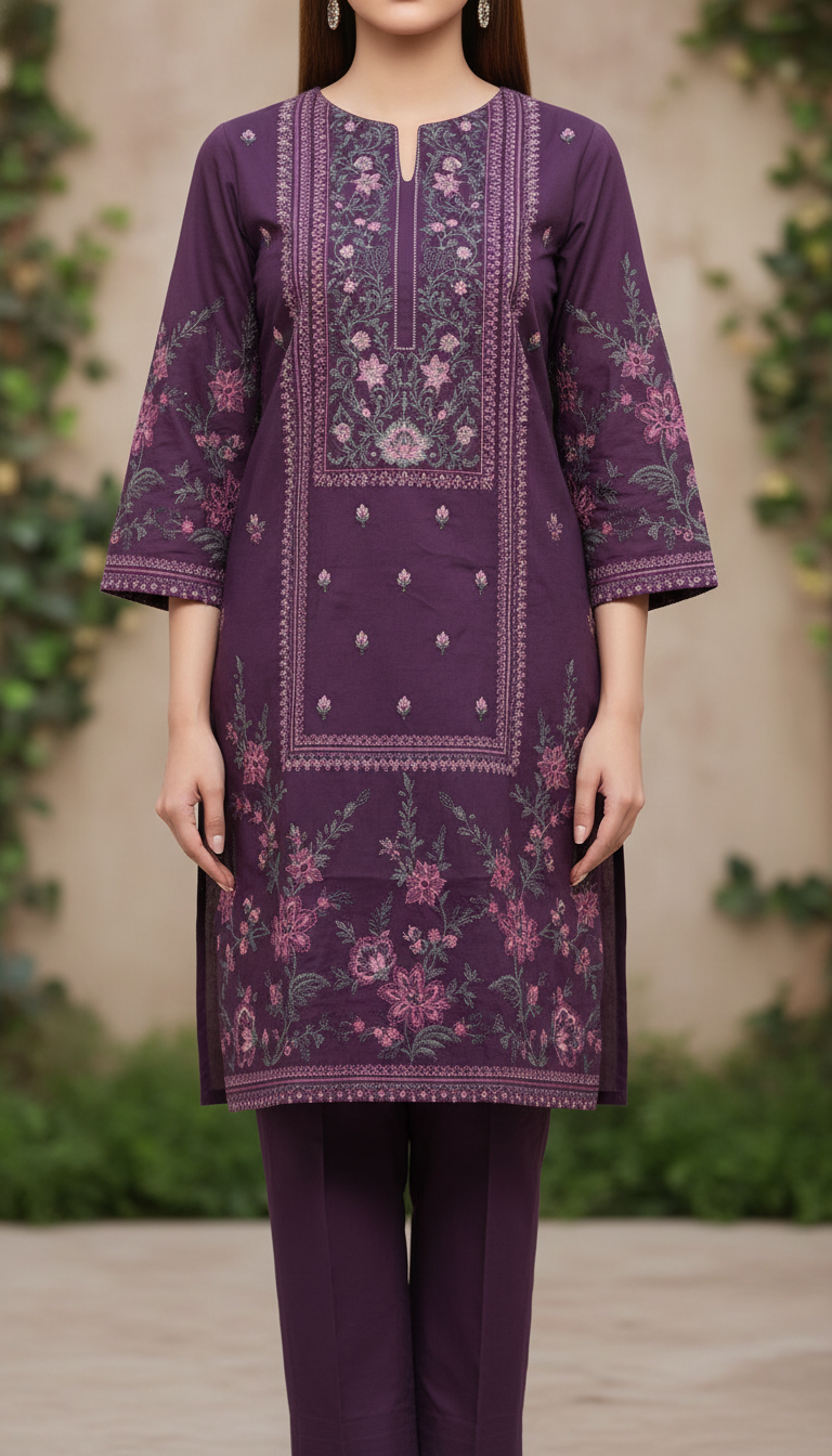 Purple Digital Printed Embroidereded Cotton Cambric Shirt PS6044