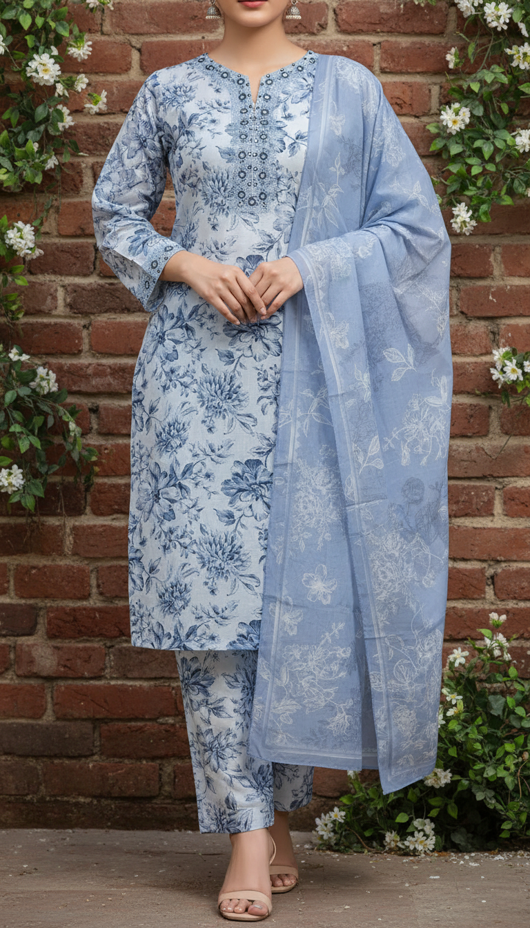 3 PC Digital Printed Cotton Cambric Suit PS6076