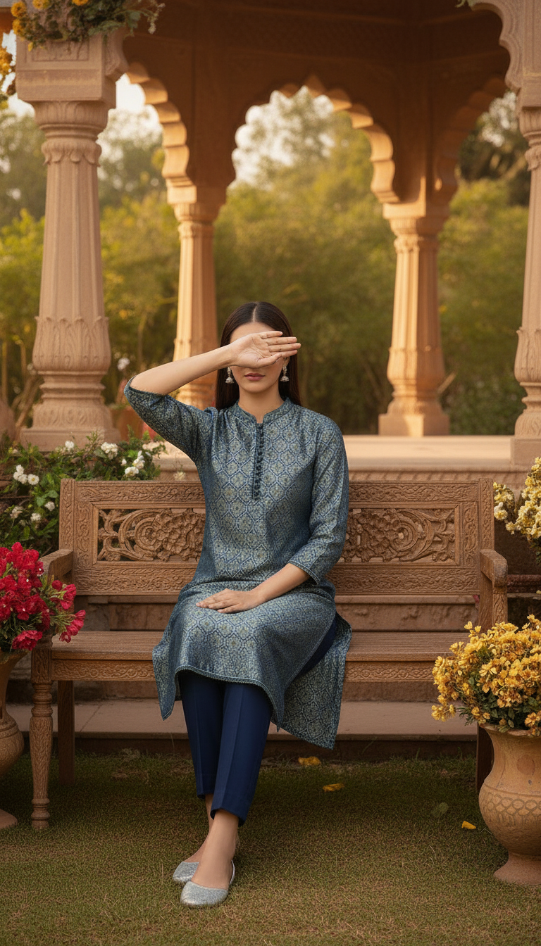 Teal Blue Jamawar Shirt With Stitching Details PS6086